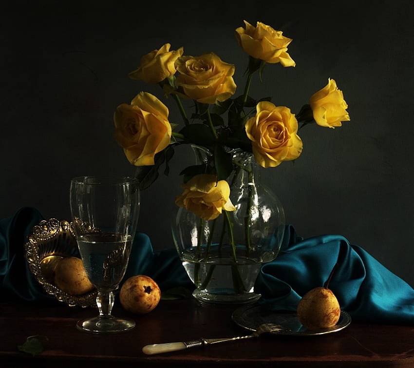 Beautiful, blue, vase, pears, silk, still life, petals, yellow, glass, fruit, flowers HD wallpaper