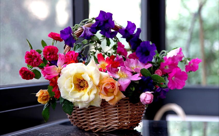 Kwiaty, róże, ogród, kosz, kompozycja, petunia Tapeta HD