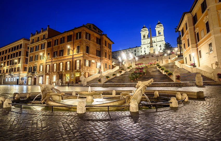 Lichter, Rom, Italien, Die Spanische Treppe, der Brunnen des alten Bootes für , Abschnitt город HD-Hintergrundbild