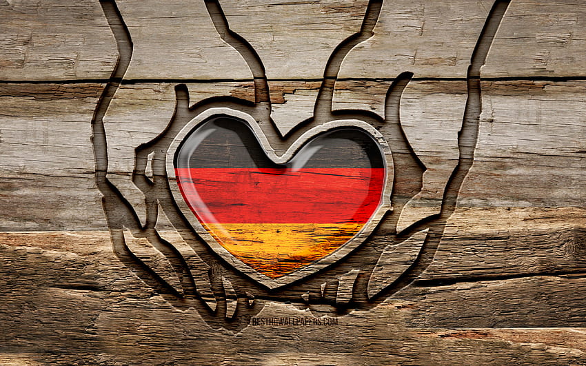Eu amo a Alemanha, mãos esculpidas em madeira, Dia da Alemanha, Bandeira da Alemanha, criativo, Bandeira da Alemanha, Bandeira alemã, Bandeira da Alemanha na mão, Cuide da Alemanha, escultura em madeira, Europa, Alemanha papel de parede HD