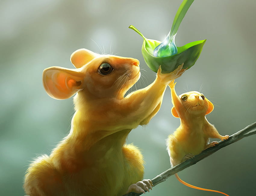 Мишки, Терез Ларсон, глупави зверове, мишка, капка вода, зелено, бебе, сладко, оранжево HD тапет