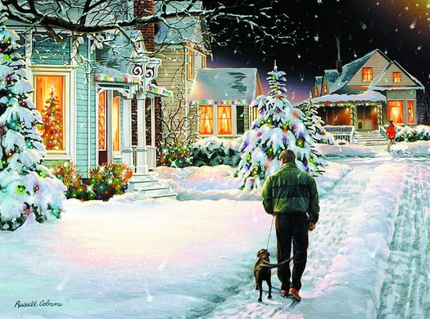 Passeggiata natalizia, cane, opera d'arte, pittura, uomo, neve, case Sfondo HD
