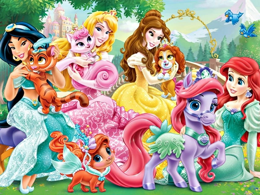Disney princesses and pets, dog, ariel, animal, belle, tiger, palace, disney, girl, cat, aurora, puppy, fantasy, pets, princess, jasmine, pony HD wallpaper