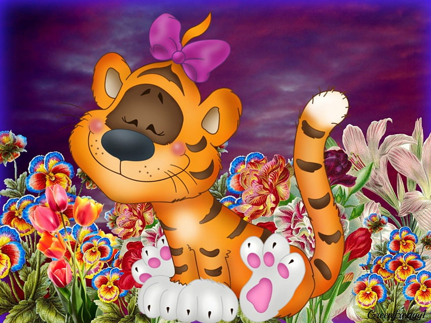 SMELLING FLOWERS, FLOWERS, CUTE, CREATION, TIGER HD wallpaper