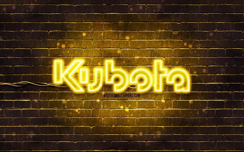 Logo jaune Kubota, mur de brique jaune, logo Kubota, marques, logo néon Kubota, Kubota Fond d'écran HD
