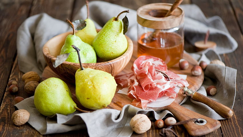 Pears, Food, Still Life, Nuts, Honey, Jamon, Hamon HD wallpaper