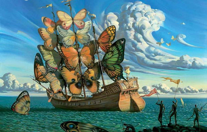 Meer, Schiff, Vladimir Kush Abfahrt des geflügelten Schiffes, Vladímir Kush HD-Hintergrundbild