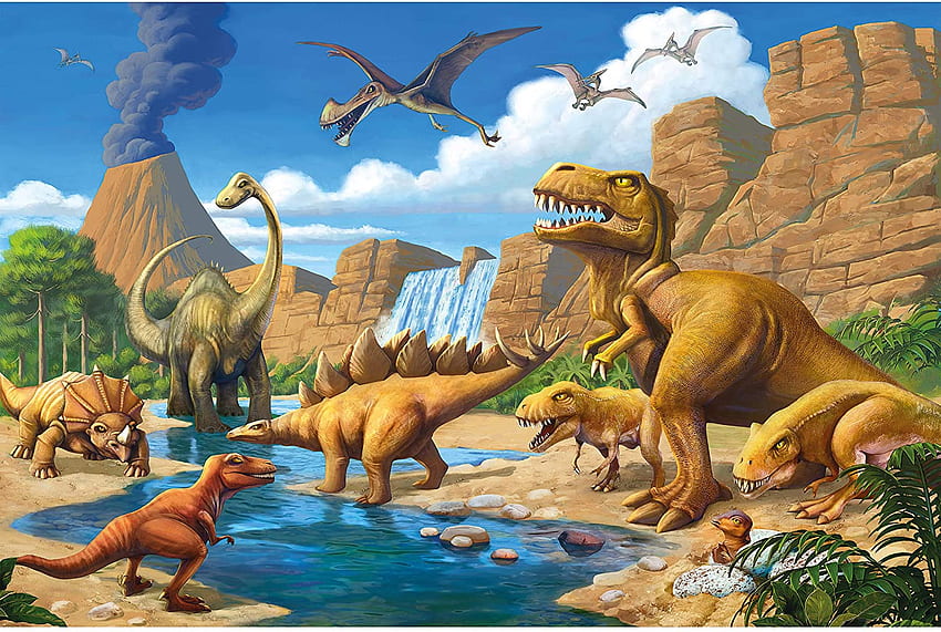 GREAT ART Kid's Room Nursery – Dinosaur Adventure – Decoration Dino World Comic Style Vulcano Prehistoric Reptile Decor Wall Mural (82..1in - cm): Home & Kitchen, Dinosaur Vintage HD wallpaper