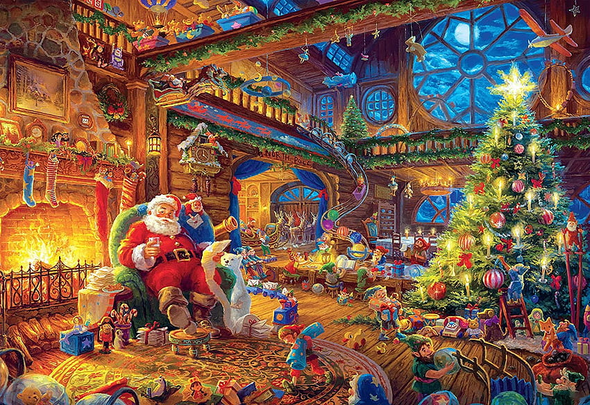 Warsztat Świętego Mikołaja, drzewo, Boże Narodzenie, malowanie, pokój, ozdoby, komin, prezenty Tapeta HD
