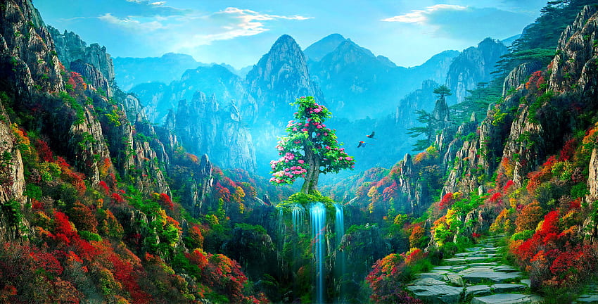 สวยงาม ฤดูใบไม้ผลิ ป่า ศิลปะ สีสัน ฤดูใบไม้ร่วง ฤดูใบไม้ร่วง ภูเขา แฟนตาซี น้ำตก ตระหง่าน วอลล์เปเปอร์ HD