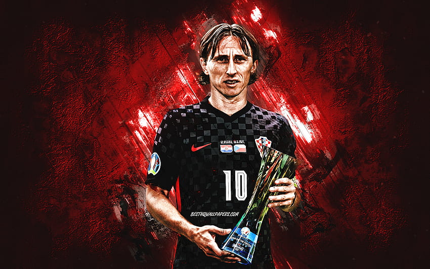 Luka Modric, Croatian national football team, portrait, Modric art, red stone background, football, Croatia HD wallpaper