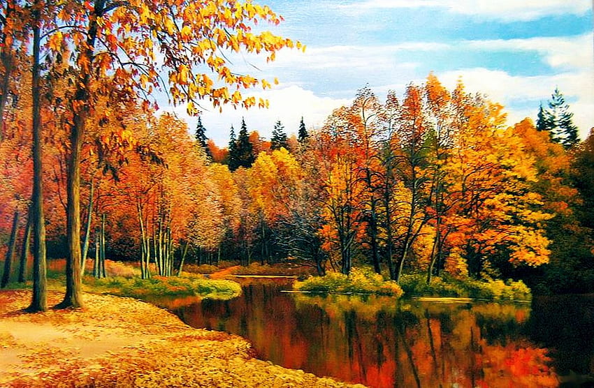 Jesienny spokój, rzeka, pora roku, liście, upadek, drzewa, kolory Tapeta HD