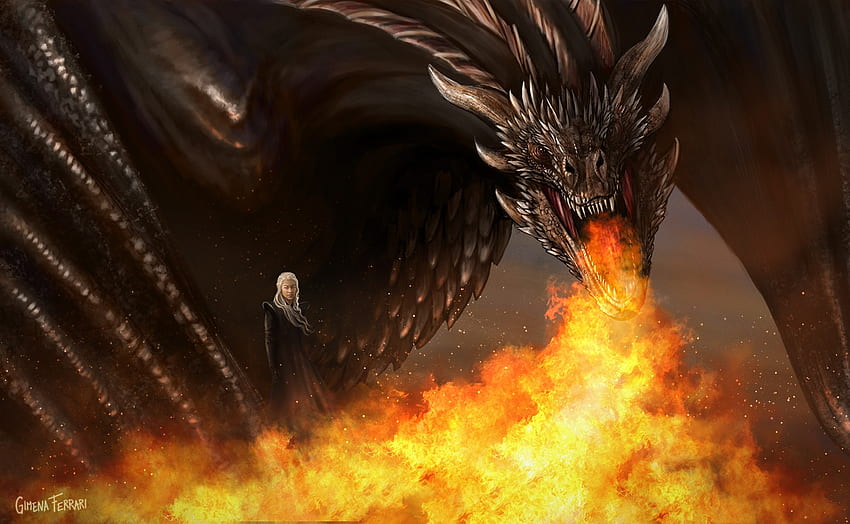 Dracarys, preto, daenerys targaryen, arte, mãe dos dragões, gimena ferrari, fantasia, luminos, fogo, game of thrones papel de parede HD