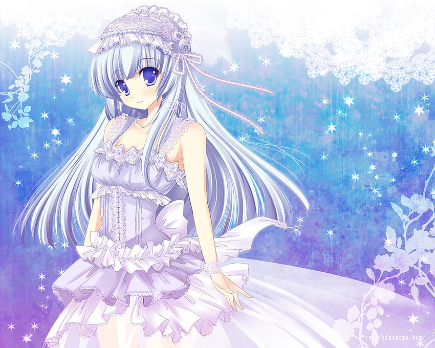 Anime, winter, white, headband, frills, girl, long hair, dress, snow, flowers, female HD wallpaper