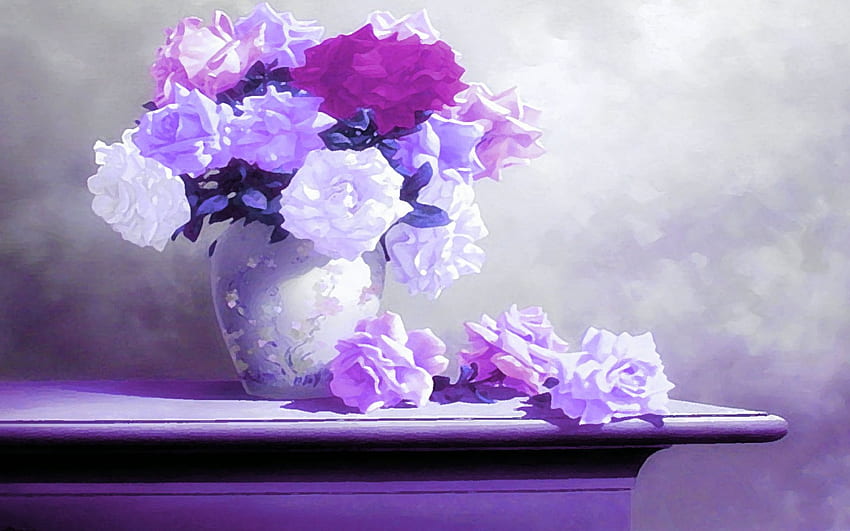 Натюрморт, лилаво, ваза, природа, цветя HD тапет
