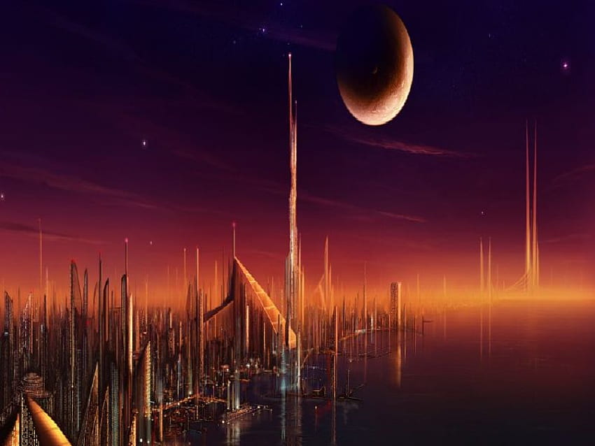 City, night, river, abstract, moon, fantasy, orange, future HD wallpaper