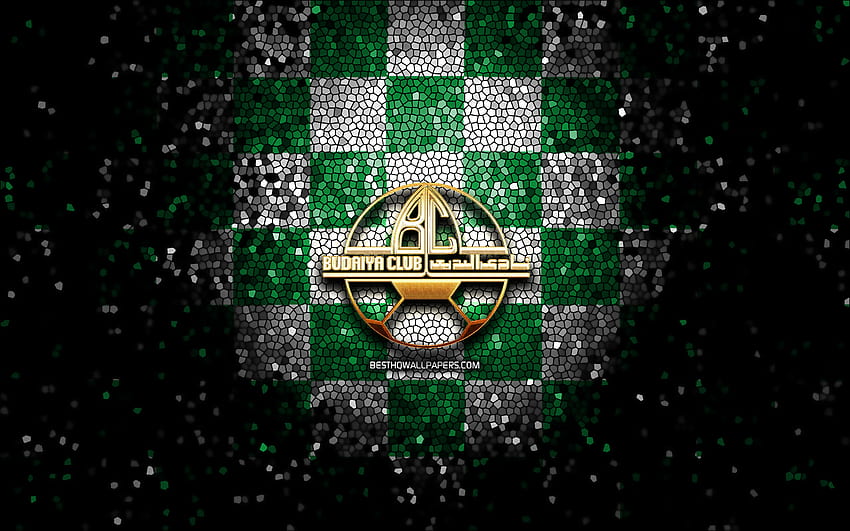 Budaiya Club FC, glitter logo, Bahraini Premier League, green white checkered background, soccer, japanese football club, Budaiya Club logo, mosaic art, football, Budaiya Club HD wallpaper