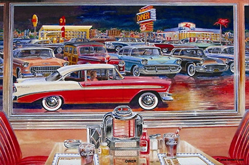 ダイナー、1950 年代の車 高画質の壁紙