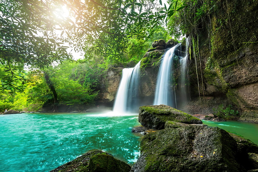 Double waterfall, double, beautiful, rocks, emerald, green, trees, waterfall, water, forest, pond HD wallpaper