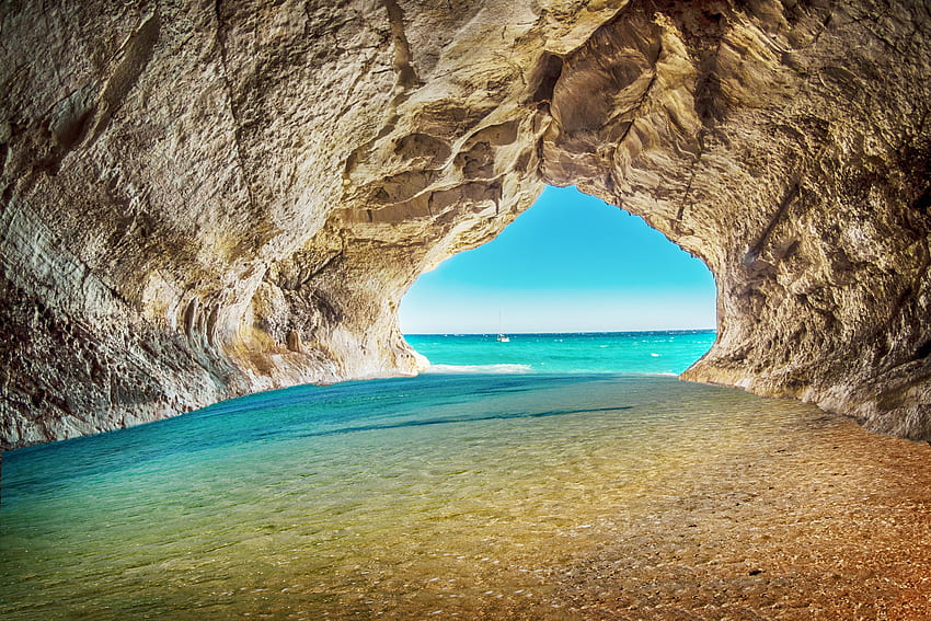 Beach, sea, rock, arch, water, blue water, cave HD wallpaper