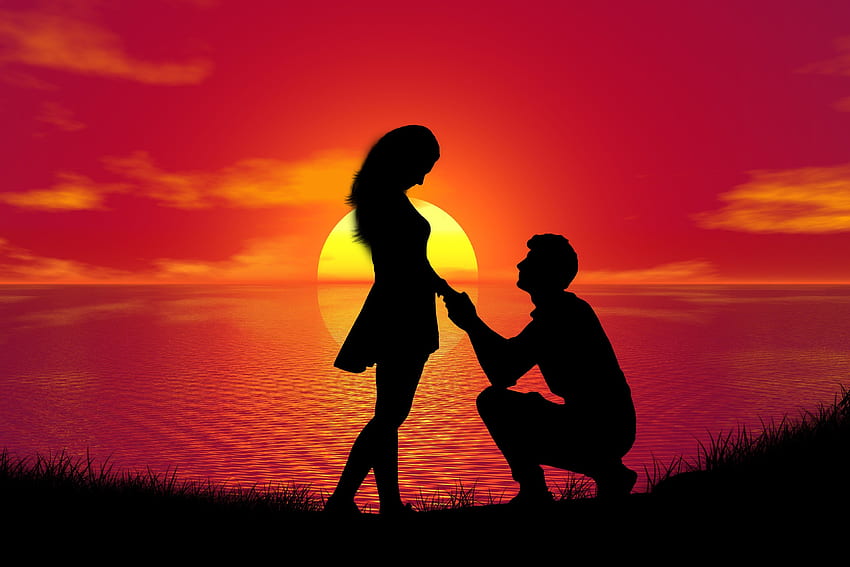 Couple , Sunset, Proposal, Silhouette, Romantic, Lovers, Together, Love HD wallpaper