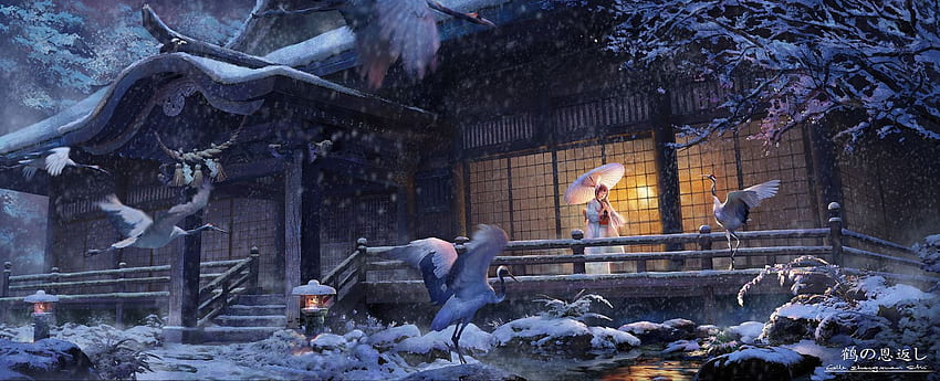 Anime kız güzel hayvan kuş dualscreen japon kıyafetleri kimono, Japon Kış HD duvar kağıdı