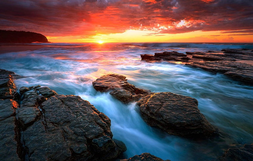 sea, water, the sun, sunrise, rocks, beach, sea, water, Sydney Beach HD wallpaper