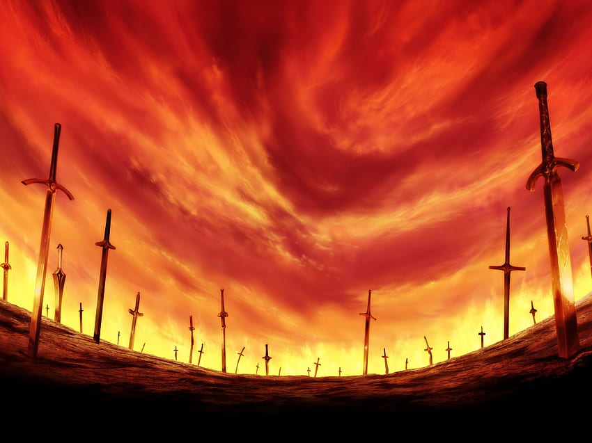 Fate stay night, anime, field, sword, bloody sky, sky HD wallpaper