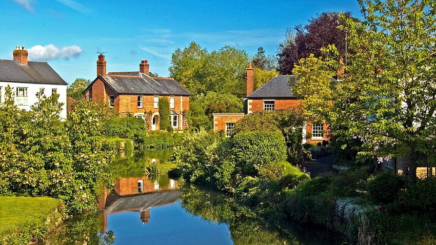 Häuser an einem englischen Fluss, Bäume, Fluss, Häuser, Spiegelung HD-Hintergrundbild