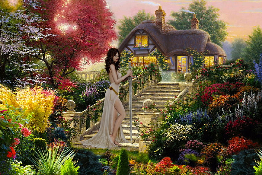 Прекрасна природа, изкуство, градина, момиче, красиво, хубаво, жена, цифрово, фантазия, красива, цветя, къщичка HD тапет