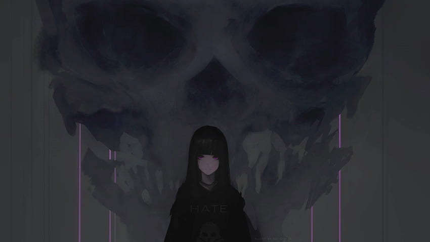 anime kızı, mor gözler, karanlık, kuru kafa, çift geniş ekran, geniş ekran 16:9, geniş ekran, , arka plan, 2429, Purple and Black Skull HD duvar kağıdı
