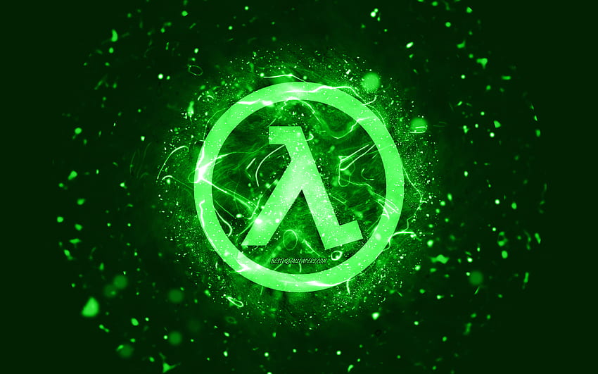 Half-Life の緑のロゴ、緑のネオン、クリエイティブ、緑の抽象的な背景、Half-Life のロゴ、ゲームのロゴ、Half-Life 高画質の壁紙