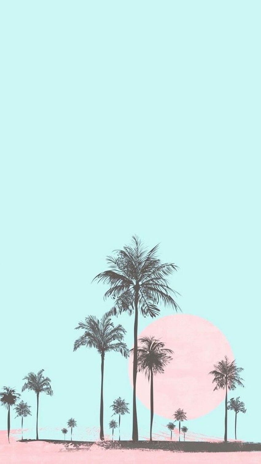 mavi arka plan, siyah palmiye ağaçları, kızlar için sevimli, pembe güneş. Pastel arka plan, Pastel arka plan, Palmiye ağaçları HD telefon duvar kağıdı
