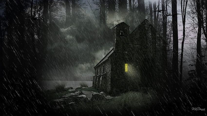 Dark Rainy Night, lighted window, rain, woods, fall, creepy, Firefox Persona theme, cabin, scay, Halloween, trees, forest HD wallpaper