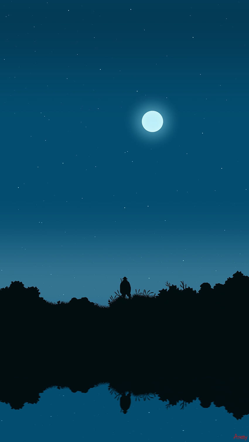 Art, Night, Moon, Silhouette, Fisherman HD phone wallpaper