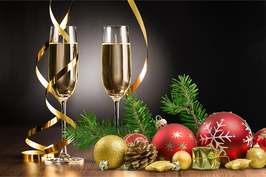 New Year Celebration, Balls, Tree, Champagne, Decorations, Glasses HD wallpaper
