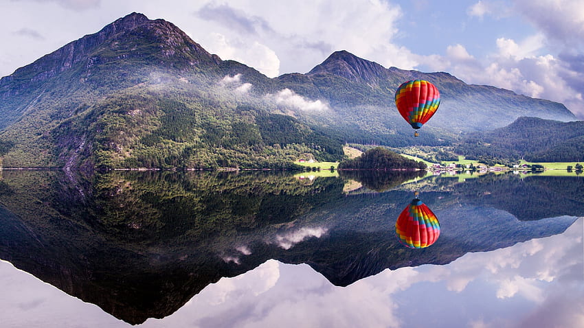 Alam, Pegunungan, Danau, Refleksi, Balon Wallpaper HD