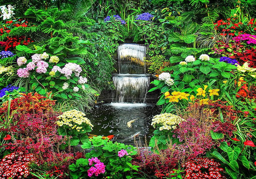 Wodospad w ogrodzie kwiatowym, liście, nieśmiałość, ogród, kolory, wodospad, kwiaty, staw Tapeta HD