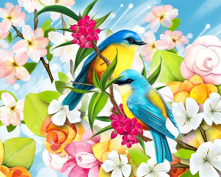 Ptaki i kwiaty sztuka, ptaki, kwiaty, wiosna, sztuka Tapeta HD