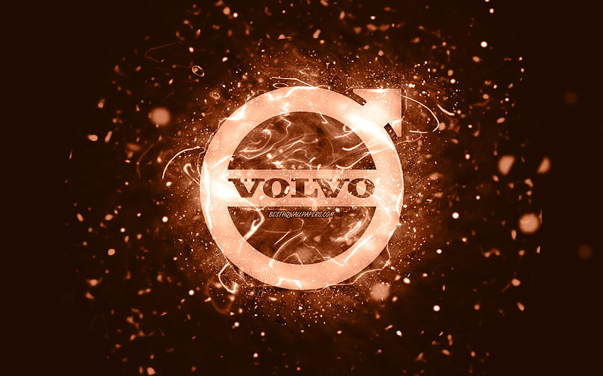 Volvo brown logo, , brown neon lights, creative, brown abstract background, Volvo logo, cars brands, Volvo HD wallpaper