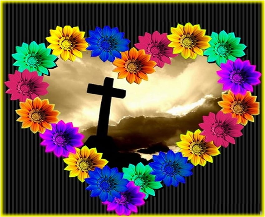 ประหยัด ข้าม ไม้กางเขน ดอกไม้ พระเยซู พระคริสต์ อีสเตอร์ หัวใจ ศาสนา ศาสนาคริสต์ วอลล์เปเปอร์ HD