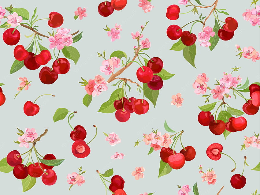 プレミアムベクター。 夏の果実、果物、葉、花の背景を持つシームレスな桜のパターン。 スプリング カバー、テクスチャ、ラッピング背景、ビンテージ パッケージ、ビンテージ チェリーの水彩風のベクトル イラスト 高画質の壁紙
