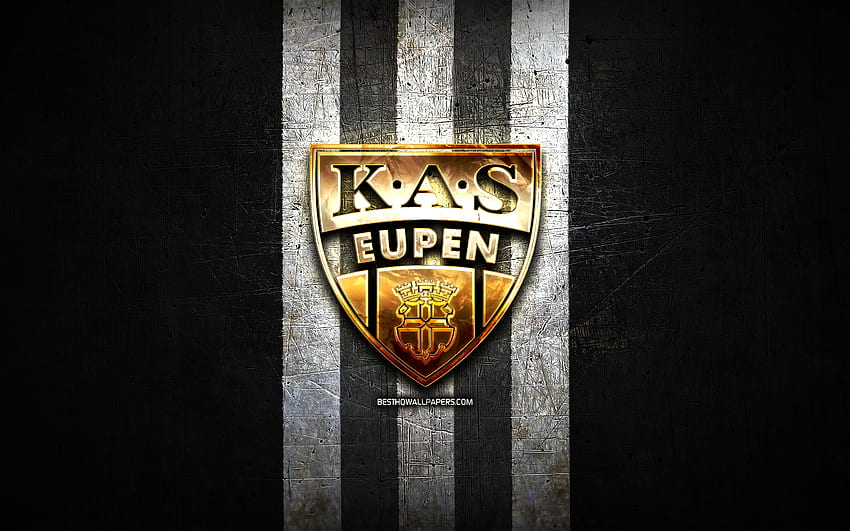 KAS Eupen, 황금색 로고, Jupiler Pro League, 검은 금속 배경, 축구, 벨기에 축구 클럽, KAS Eupen 로고, 축구, KAS Eupen FC HD 월페이퍼