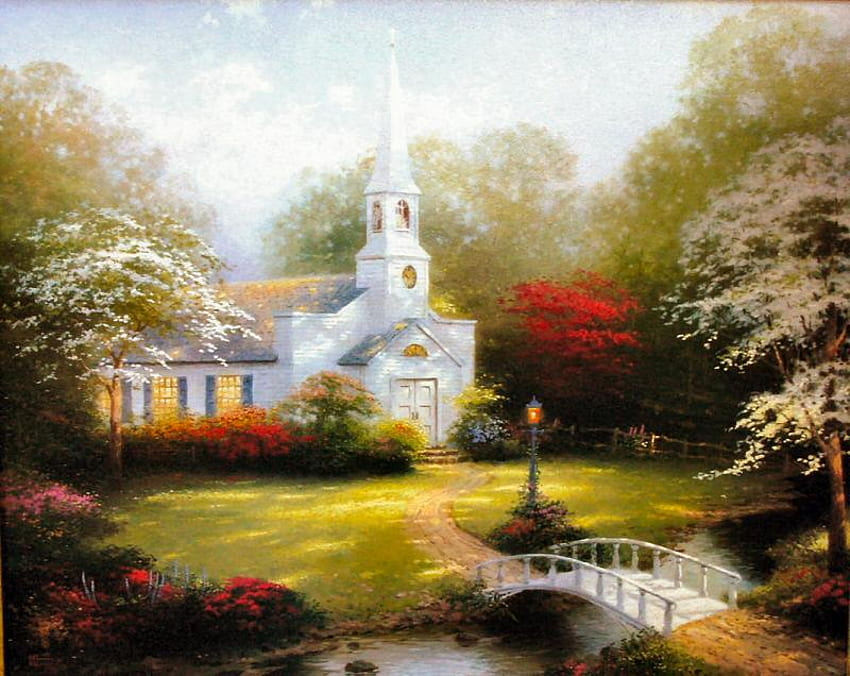 God's Country Church, times, colours, charm, gardens, simple, homey, bridge, trees, nature, flowers, stream HD wallpaper