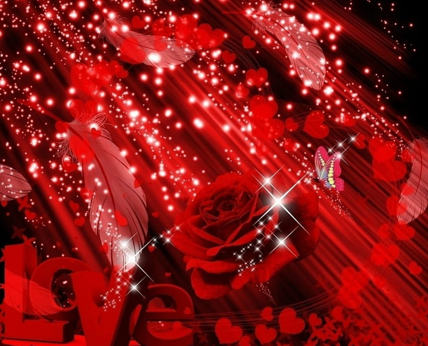 Ich liebe Rot, Worte, Rose, Liebe, Rot, Blumen, Glitzer HD-Hintergrundbild