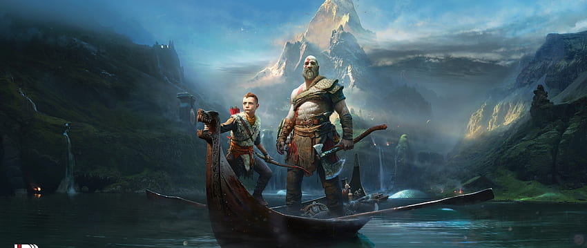 God Of War 4, Mountains, Kratos, Boat, Artwork, Atreus - Resolution:, God of War HD wallpaper