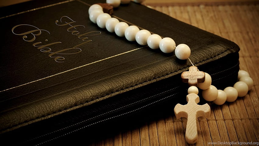 Bible Book With Cross Pendant White Rosary Beads Background HD wallpaper