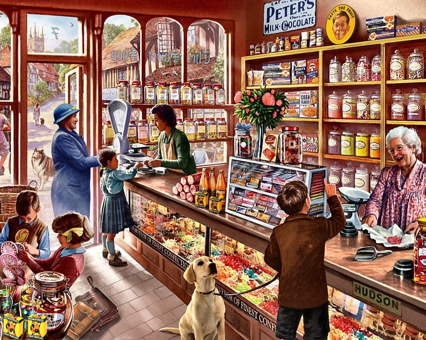 The Olde Candy Store F1, куче, архитектура, изкуство, красиво, хора, бонбони, произведения на изкуството, широк екран, магазин, , магазин, куче HD тапет