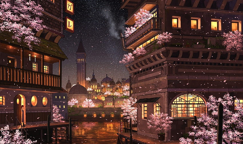 Anime City, Sakura Blossom, Notte, Edifici, Luci, Stelle, Fiume, Anime Apartment Sfondo HD