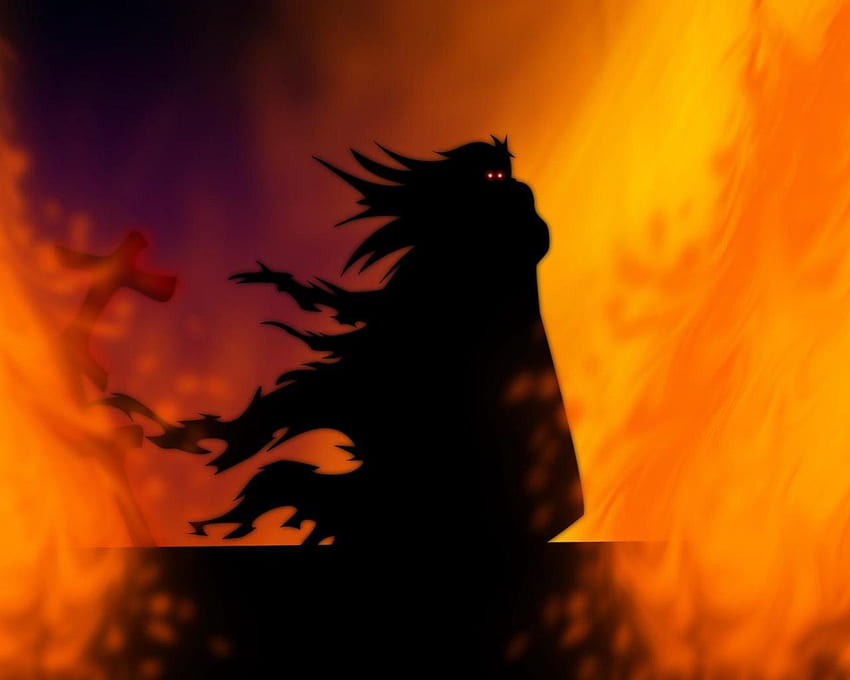 Demon In Flames, shadow, cloak, red eyes, fire, demon HD wallpaper